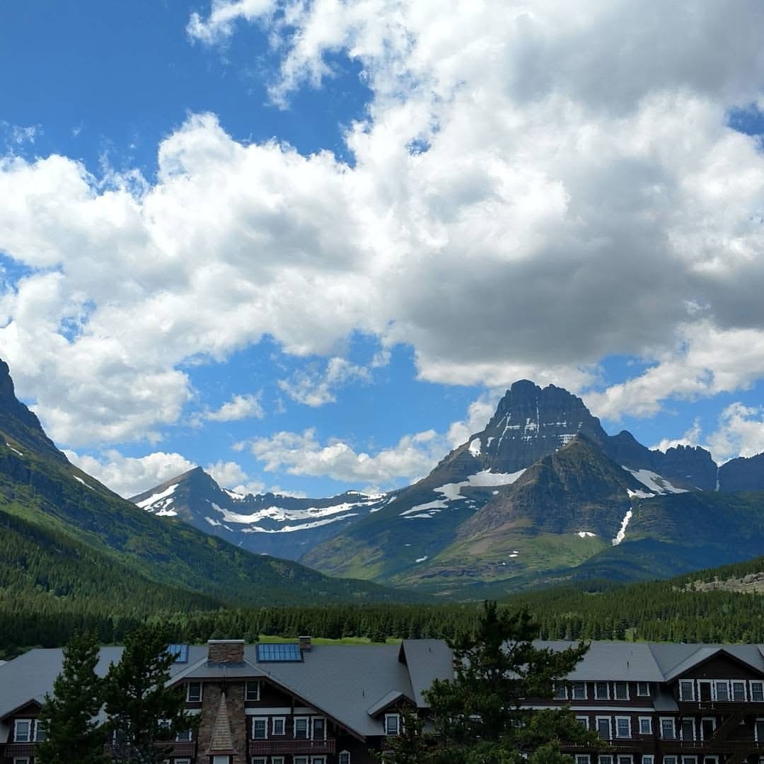 Many Glacier Hotel beneath the peaks of Glacier National Park